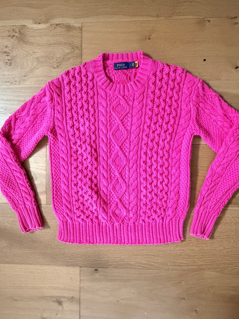 Polo Ralph Lauren Hot Pink Chunky Cable Knit Aran Sweater Neon Magenta Preppy Sm